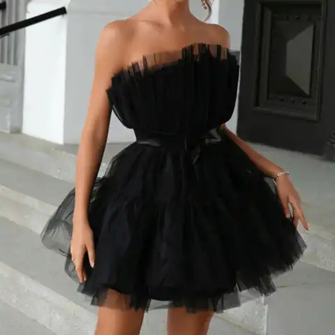 Women Elegant Sleeveless Puffy Mini Dress Summer Sexy Mesh Bow Lace-up Waist Princess Dress Casual Bralette Backless Solid Dress