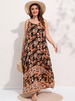 finjani floral print maxi cami dress for women v neck backless elegant large hem boho long dresses plus size 4xl