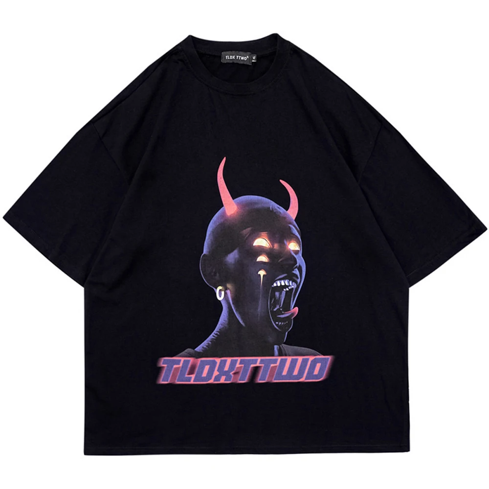 

2022 Summer T-Shirt Women Hip Hop Streetwear Black Devil Graphic Printed TShirt Harajuku Cotton Casual Short Sleeve Tshirt Black