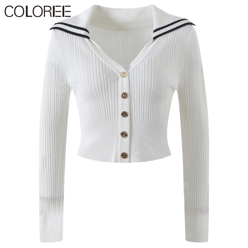 

Женский трикотажный кардиган в полоску, элегантный свитер белого и черного цвета с длинным рукавом и золотыми пуговицами, корейский стиль, ...