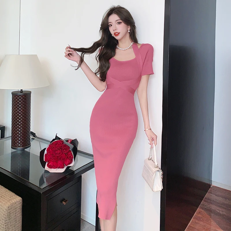 

Sexy Halter O-Neck Short Sleeve Pencil Knit Dress Chic Party Fashion Vestidos Women Elastic Tight Casual Robe