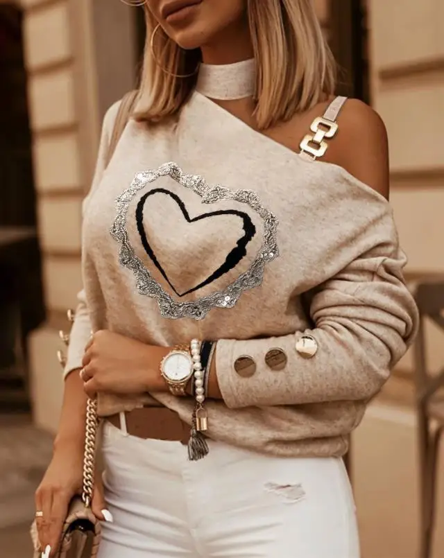 Купи Autumn 2022 New Fashion Heart Print Cold Shoulder Chain Strap Top Elegant Women's Shirt Commuter Street Dress за 465 рублей в магазине AliExpress