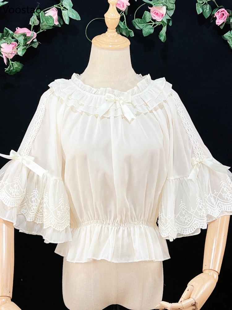 Японская Милая шифоновая блузка в стиле &quotЛолита&quot женские милые кружевные
