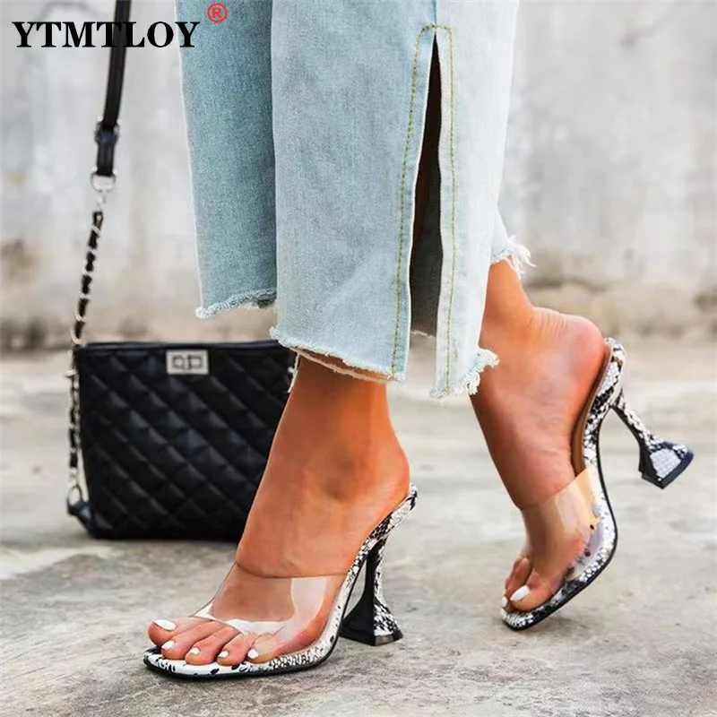 

New Serpentine Slippers Cozy Cup Heel Shoes Woman Transparent PVC Jelly Sandals Sexy Square Open Toe Party High Heels