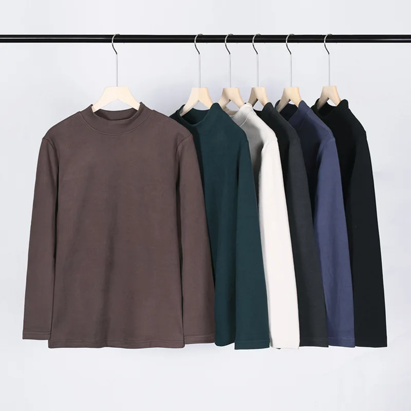 

Зимняя модная мужская однотонная простая повседневная футболка, базовый пуловер с воротником «хомут» и длинным рукавом, бархатный теплый у...