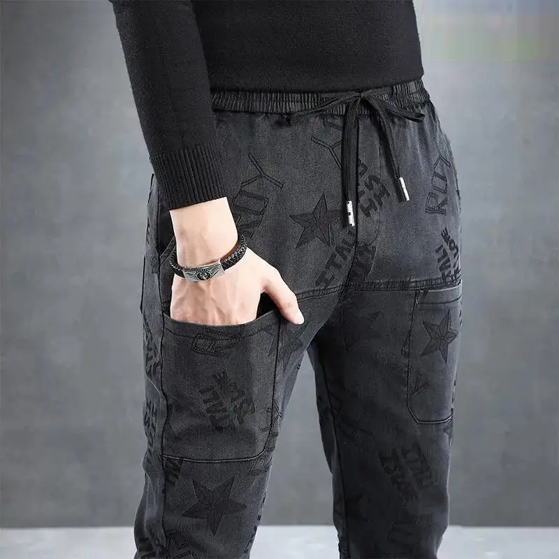 New Stitching Slim Pants Men's All-match Elastic Six-pocket Men's Pants Pentagram Jacquard Jeans Men's