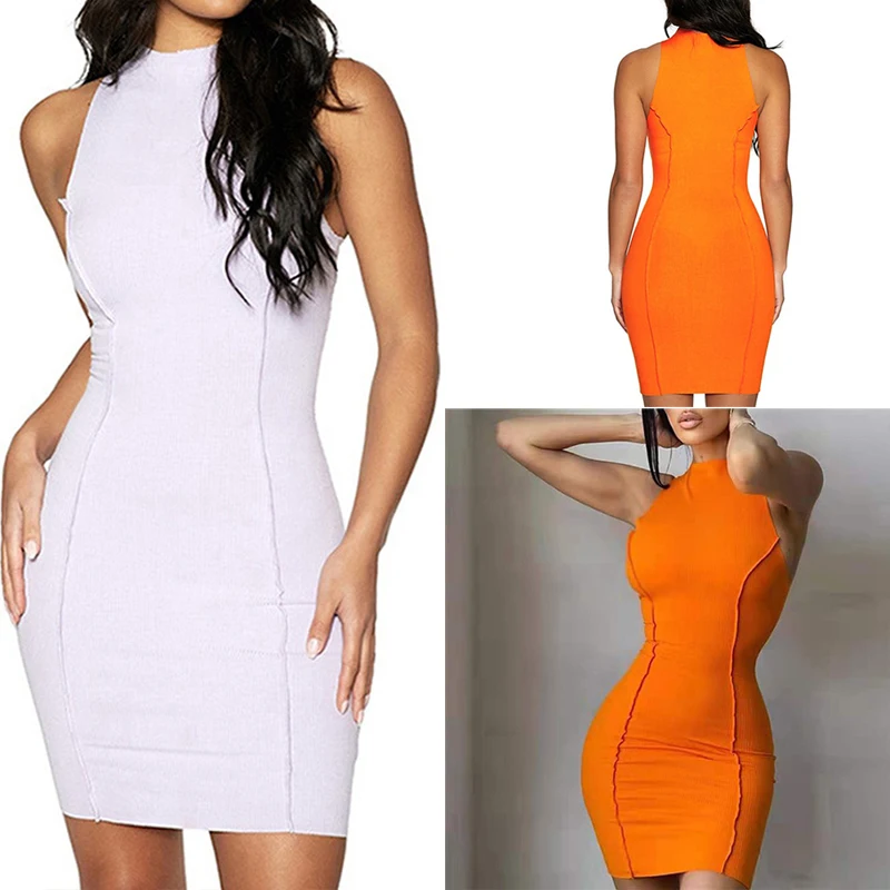 

Women's Dress Sexy Bodycon Solid Color Summer Sleeveless Mini Short Slim Club Party Streetwear Round Neck Bag Hip Female Clothes