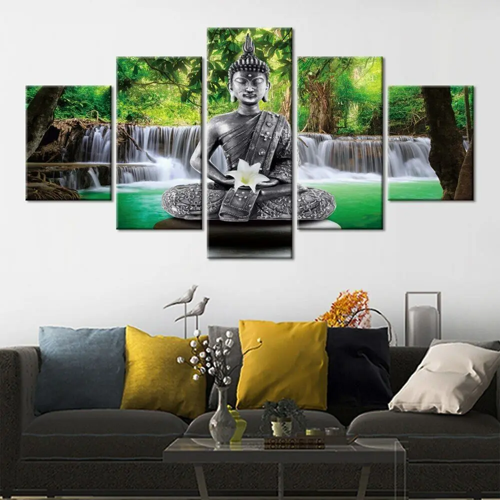 

5 Pcs Buddha Lotus Waterfall Zen Canvas Pictures Print Wall Art Canvas Paintings Wall Decorations for Living Room Unframe