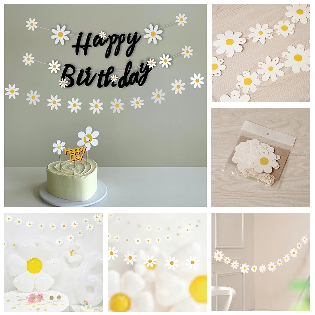 

1PC INS Kids Birthday Flag Party Non Woven Sunflower Garland White Small Daisy Banner Decorated Scene Bunting Supplies