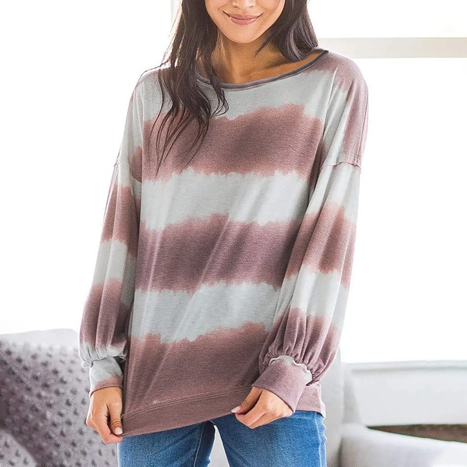 

Легкий свитшот с длинным рукавом, женский модный свитшот в полоску, повседневный Свободный свитшот с вырезом лодочкой на плечах