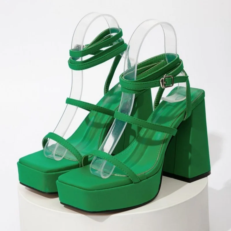 High Heels Sandals Woman Summer Shoes 2023 Trends Chunky heel Platforms Strappy Naked Sexy Elegant Party Luxury Designer Green