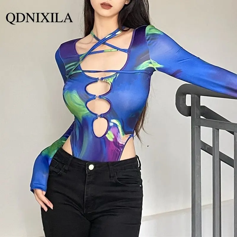 

Y2k топы, боди, пикантное Открытое боди с открытой талией, цельный Топ для женщин, острые женские уличные футболки с длинным рукавом для стрел...