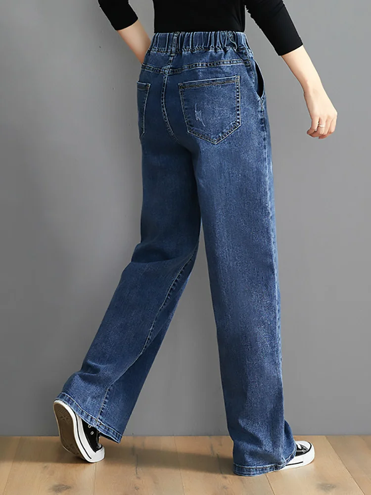 

Hot sale Elastic High Waist Women Denim Pants Office Lady Korean Simple Casual Loose Jeans Female Solid Color Vintage Trousers