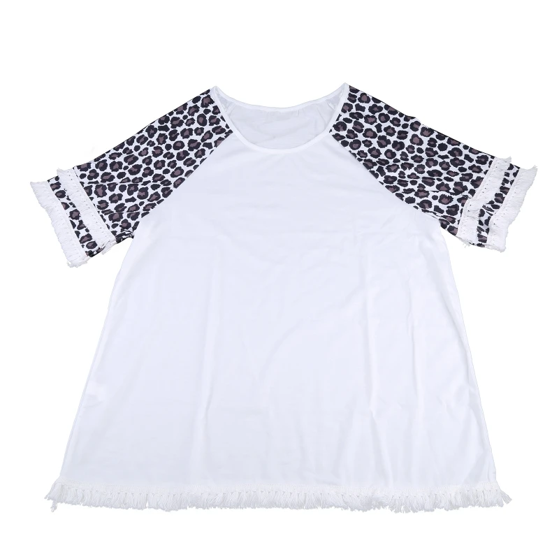 

Women Ruffles Tassel Half Sleeve T Shirt Leopard Patchwork Boho Loose Blouse Top