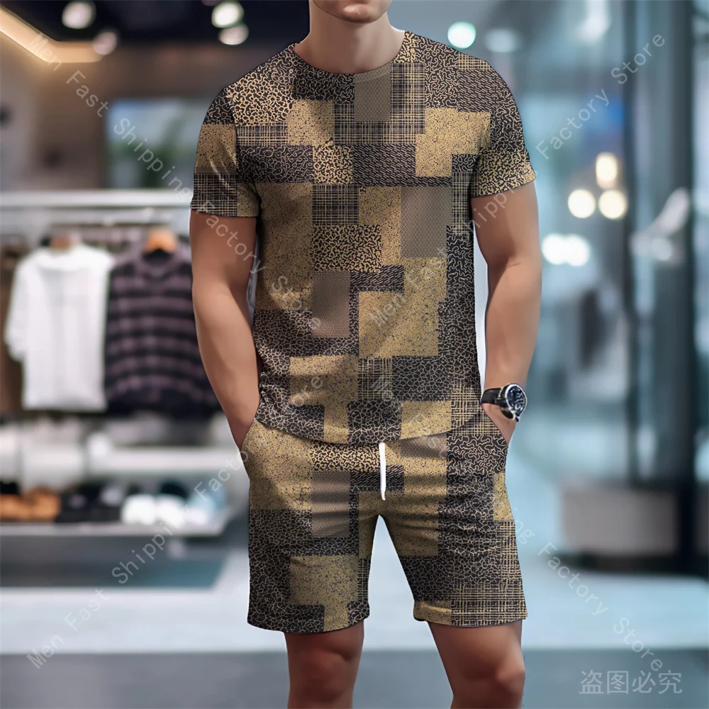 Summer Men T Shirt Shorts Sets Mesh Print Oversized T-shirts Sportswear Suits Male Casual Tops Fashion Tracksuits Men's Clothing