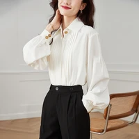 blusas mujer office turn down collar new loose pleated gold silk shirt feminine long sleeve button up blouses shirt 838i