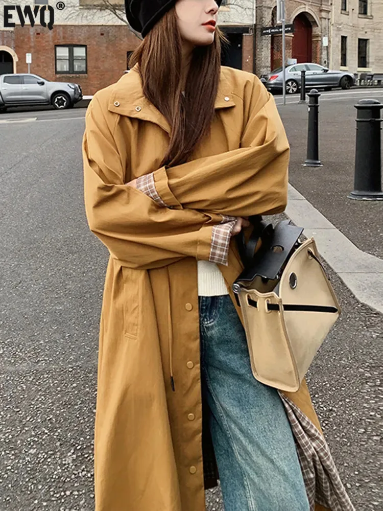 

[EWQ] Yellow Trench Coat For Women Long Sleeve Striped Patchwork Loose Fashion Windbreaker Jacket 2023 Autumn Winter New 16U5335