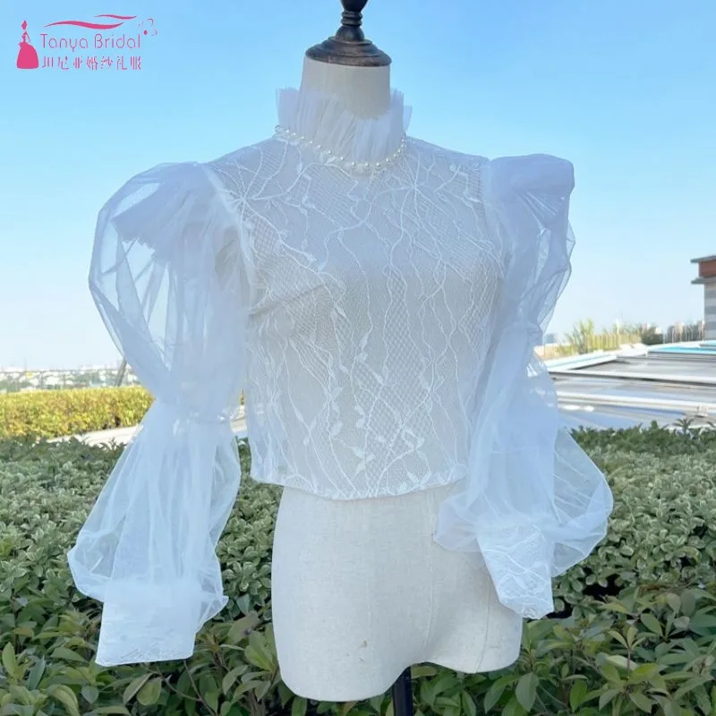 

Puffy Long Sleeves Lace Wedding Jacket High Neck Pearls Romantic Wedding Dress Matching Bridal Accessories Wrap 2023 New Fashion