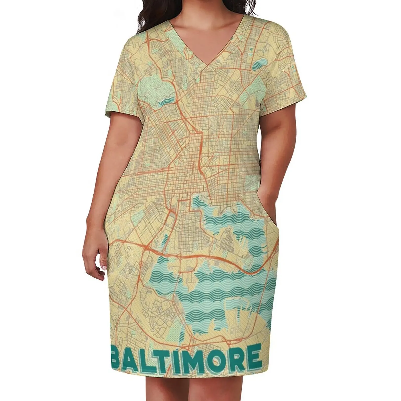 Baltimore Map Casual Dress Summer Vintage Maps Trendy Dresses Female V Neck Printed Street Style Dress Plus Size 3XL 4XL