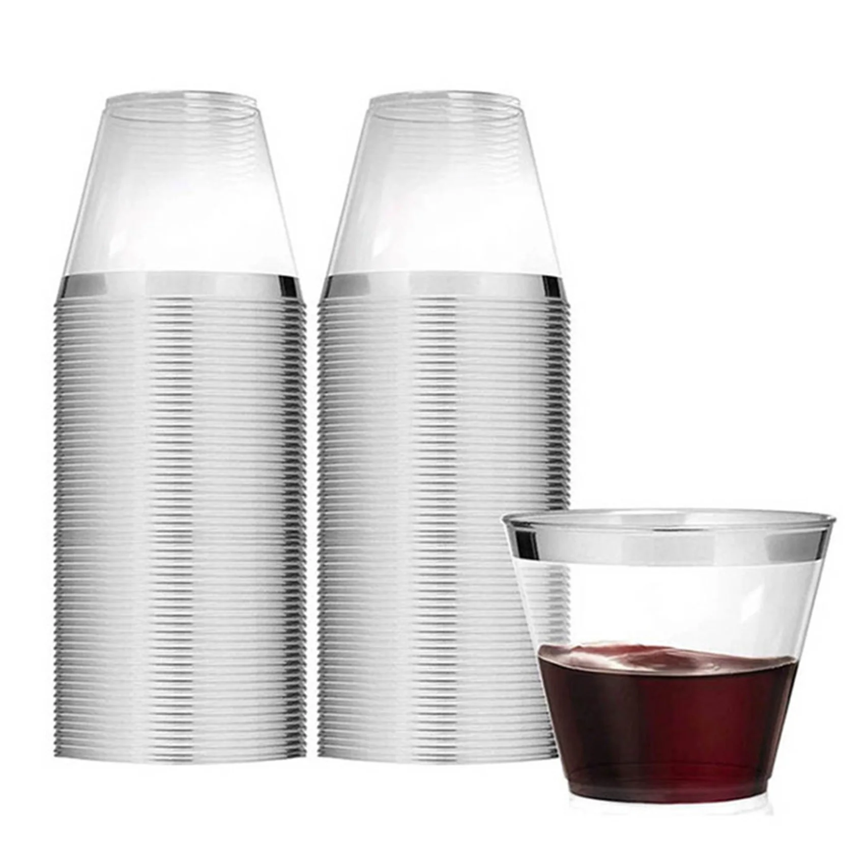 

Plastic Cup 9 Oz Hard Disposable Cup Plastic Wine Glass Party Wedding Wine Glass Transparent Plastic Cup -Silver Rim