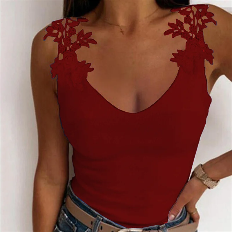 

Sleeveless Shirts Women Lace Floral Tops Summer Streetwear Elegant Womens Casual Tanks Sold Color Vest Top 2022