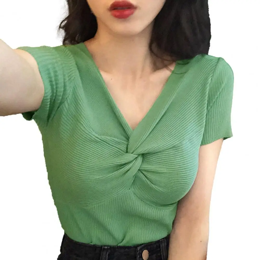 

Trendy T-shirt Short Sleeve Pullover Cross Wrap Tee Tops Knitted T-shirt Tops