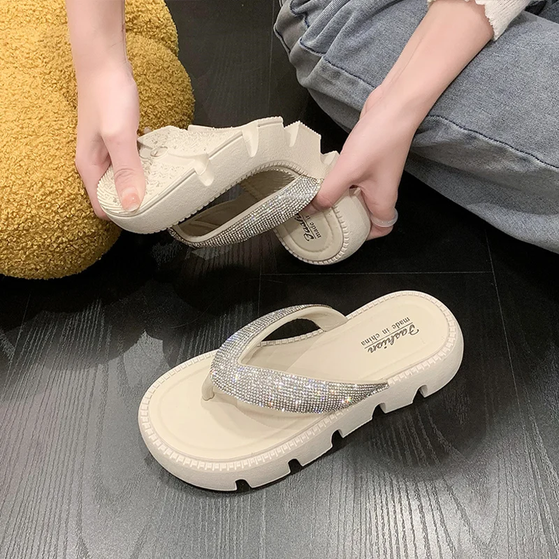 

Шлепанцы женские на платформе и толстом каблуке, Повседневные Классические сандалии с кристаллами, шлепанцы для прогулок, лето 2023