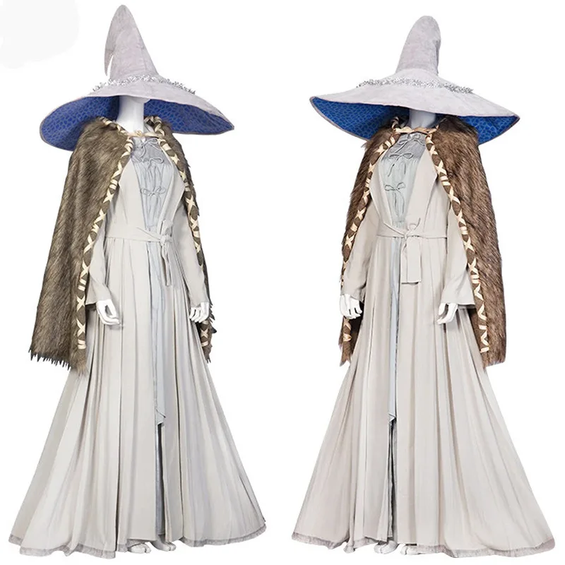

Elden Ring Ranni Cosplay Costumes Game Female Polyester Gray Dress with Fur Cloak Halloween Suits for Adults Party Full Sets