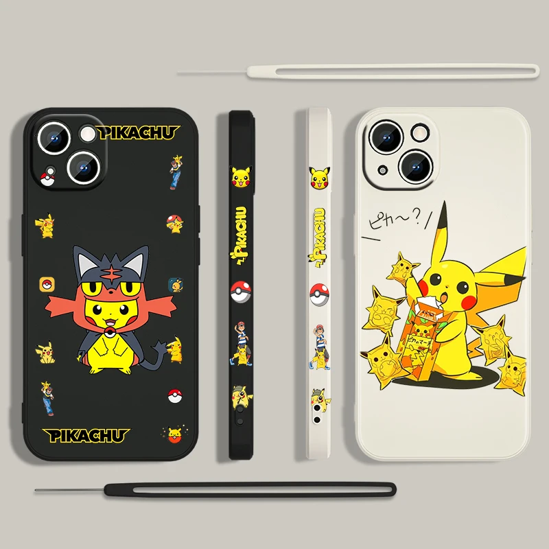 

Cool Cartoon Pikachu For Apple iPhone 13 12 Mini 11 Pro XS MAX XR X 8 7 6S SE Plus Liquid Left Rope Silicone Phone Case Fundas