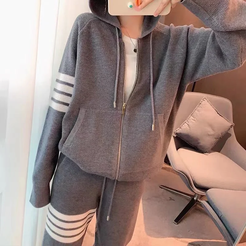 TB High-quality Korean Fashion Women's Four Bar Waffle Casual Hooded Sweater Jacket Knitting Sports Suit