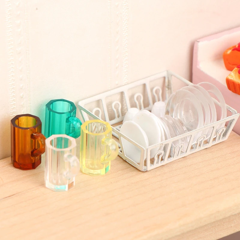

1Set 1:12 Dollhouse Miniature Cup Beer Mug Cup Plate Dish Rack Kitchen Model Decor Toy Doll House Accessories