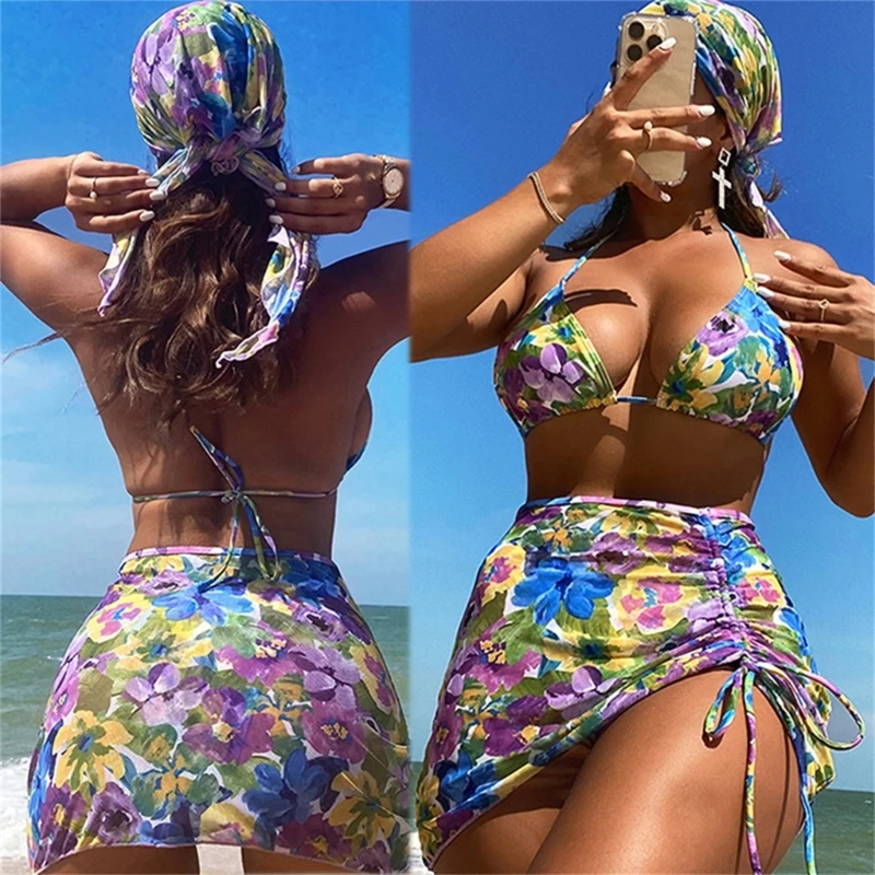 

4 шт., женский купальный костюм с юбкой и повязкой на голову