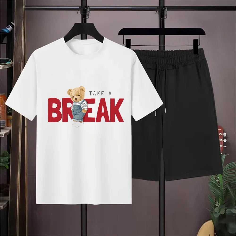 Cotton Men's Tracksuit 2 Piece Set Summer Solid Sport Hawaiian Suit Short Sleeve T Shirt and Shorts Casual Fashion Man Clothing