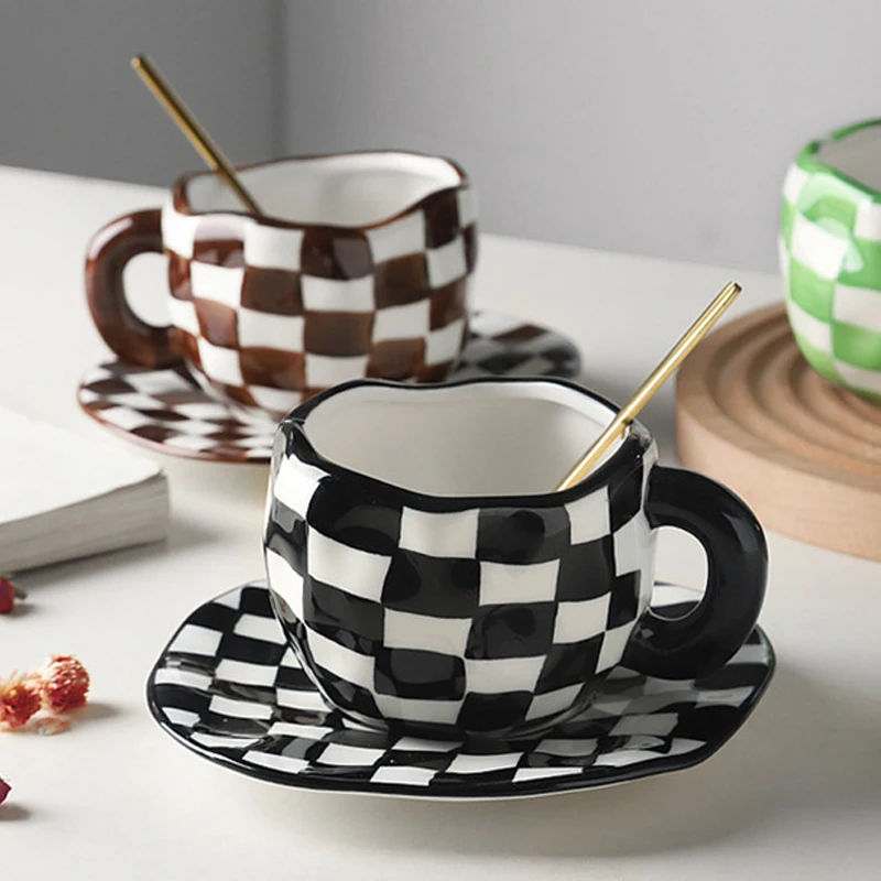 

High-value Checkerboard Mug Korean-style Ceramic Coffee Cup and Saucer Set Ins Wind Home Afternoon Tea Cup Creative Milk Cup