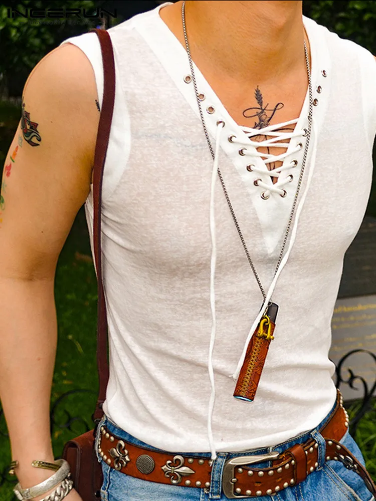 

INCERUN Men Tank Tops Solid Color V Neck Sleeveless Lace Up 2022 Fitness Vests Men Summer Streetwear Fashion Casual Tops S-5XL
