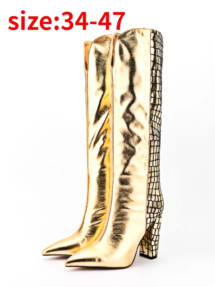 

Дизайнерские роскошные золотые сапоги, осень и зима 2023, модные разноцветные сапоги до колена на массивном каблуке, модельная обувь, приблиз...
