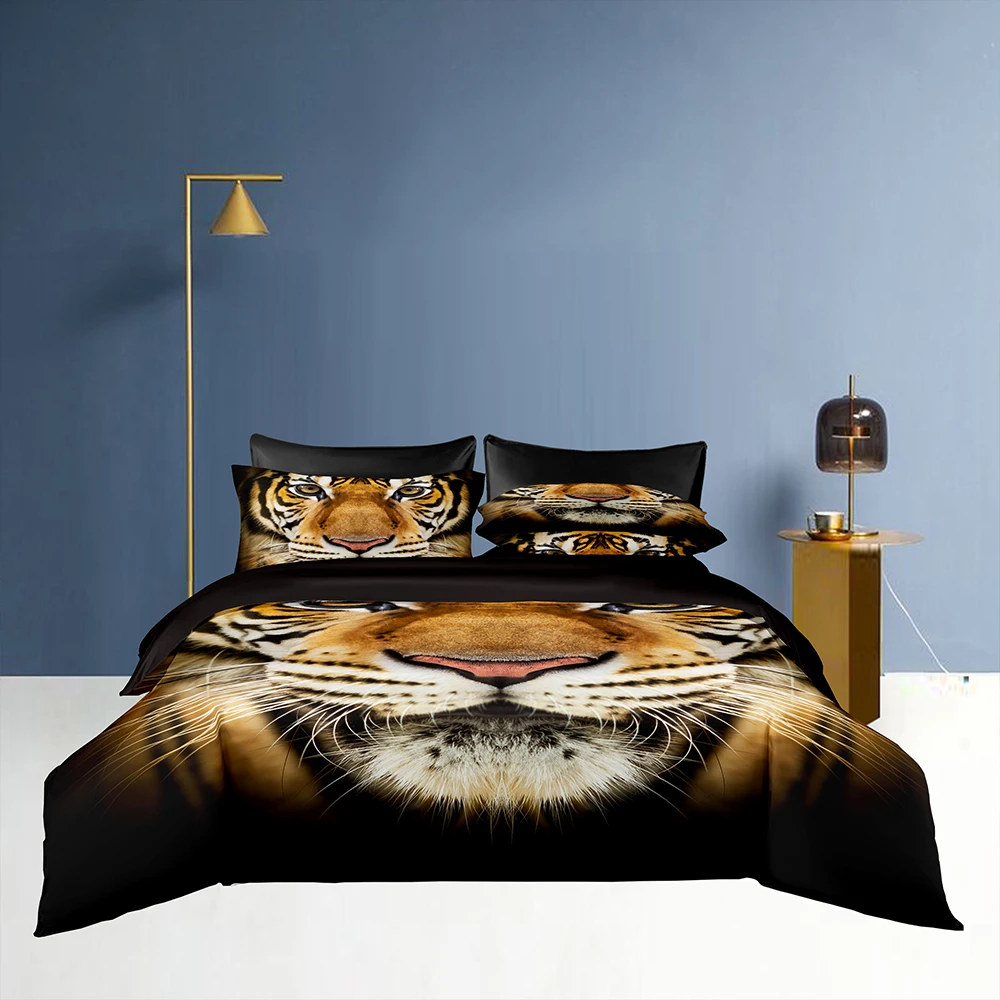 Роскошный черный комплект постельного белья 2-3 шт. с ярким оранжевым принтом головы тигра на наволочках для королевской или двуспальной кровати.