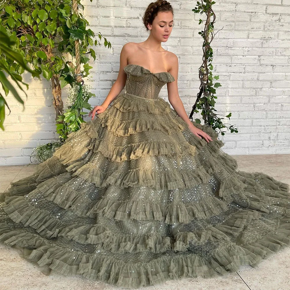 

2023 Gorgeous Green Tiered Tulle Prom Sequined Sweetheart A-Line Ruffles Pleat Formal Party Dresses Evening Gown Robe De Soiree