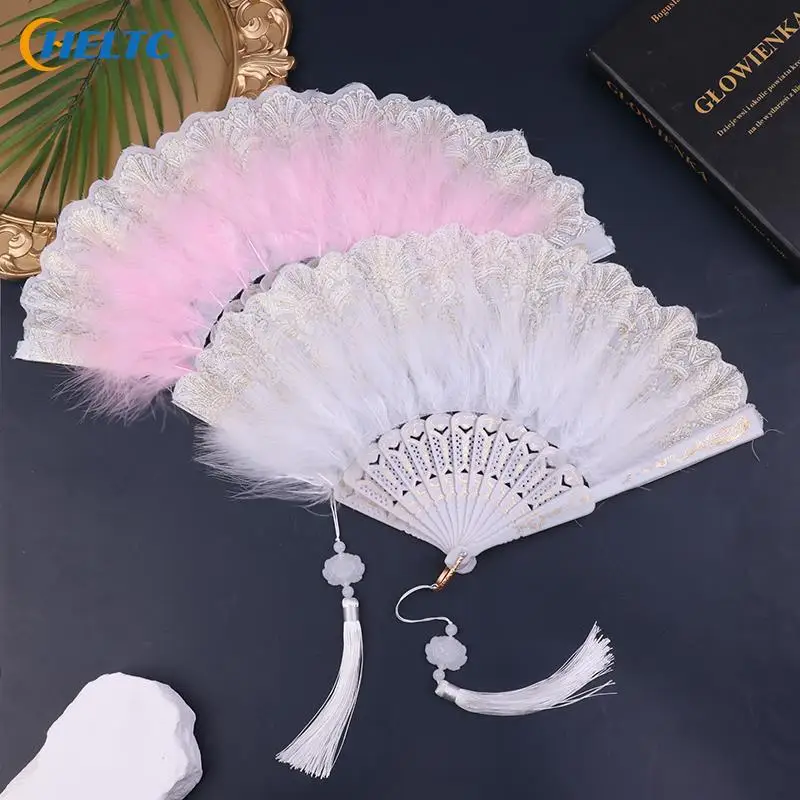 

1pc Lolita Feather Folding Fan Japanese Sweet Fairy Girl Dark Gothic Court Dance Hand Fan Art Craft Gift Wedding PartyDecoration