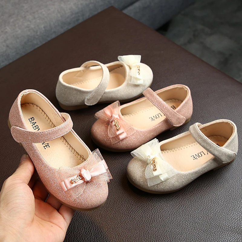 

Girls PU Leather Shoes Kids Children Princess Lace Bowknot Sparkling Shoes Spring Autumn Baby Casual Party Flats