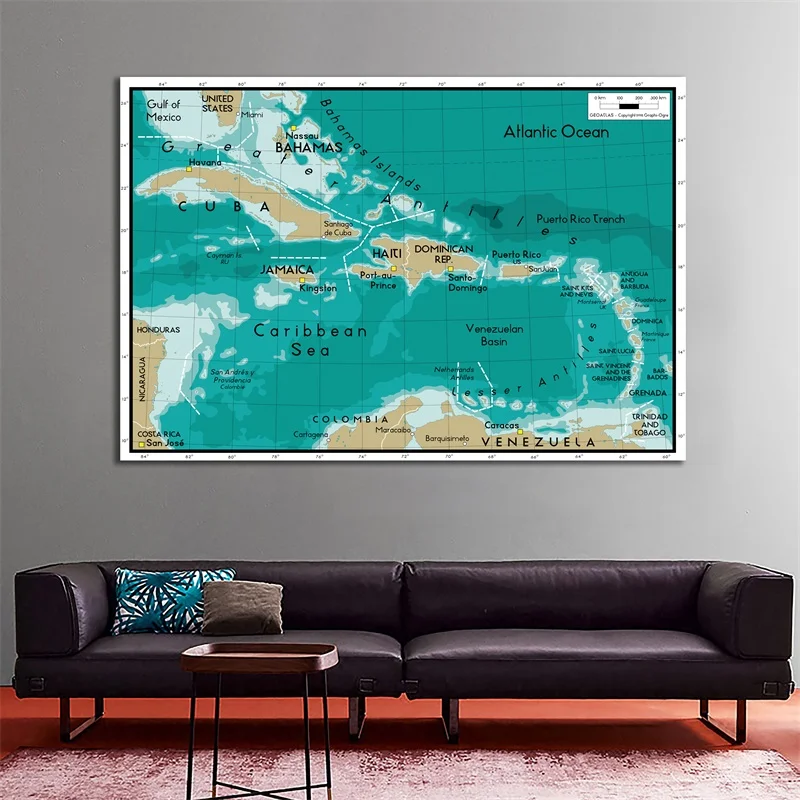 

59*42cm Small Size Map of The Caribbean Sea Wall Art Pictures Unframed Posters and Print Non-woven Canvas Painting Home Decor