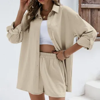 Summer Cotton Linen Outfits High Waist Shirt Shorts Women Turn Down Collar Long Sleeve Shirts Shorts Suits Casual Two Piece Sets 1