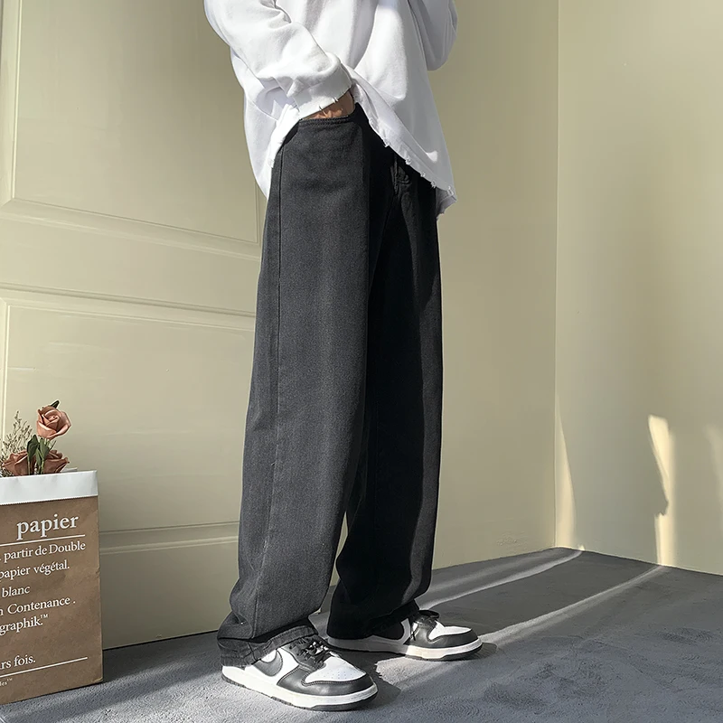 Four Seasons American High Street Jeans Men Trend Simple Versatile Loose Wide Legs Casual Straight Trousers Street Men Clothing