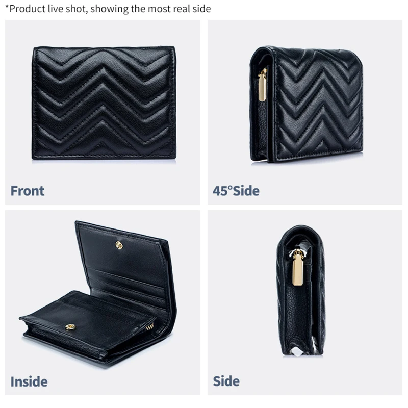 Luxury Quilted Design Women Sheepskin Genuine Leather Wallet Fashion Stripe Card Holder Zipper Female High Quality Coin Purse