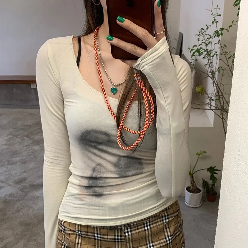 

Sexy Seeing Through Mesh Tops Thin Semi-transparent Top Tie Dye Grunge Aesthetic T-shirts Women Chic Clubwear Graphic