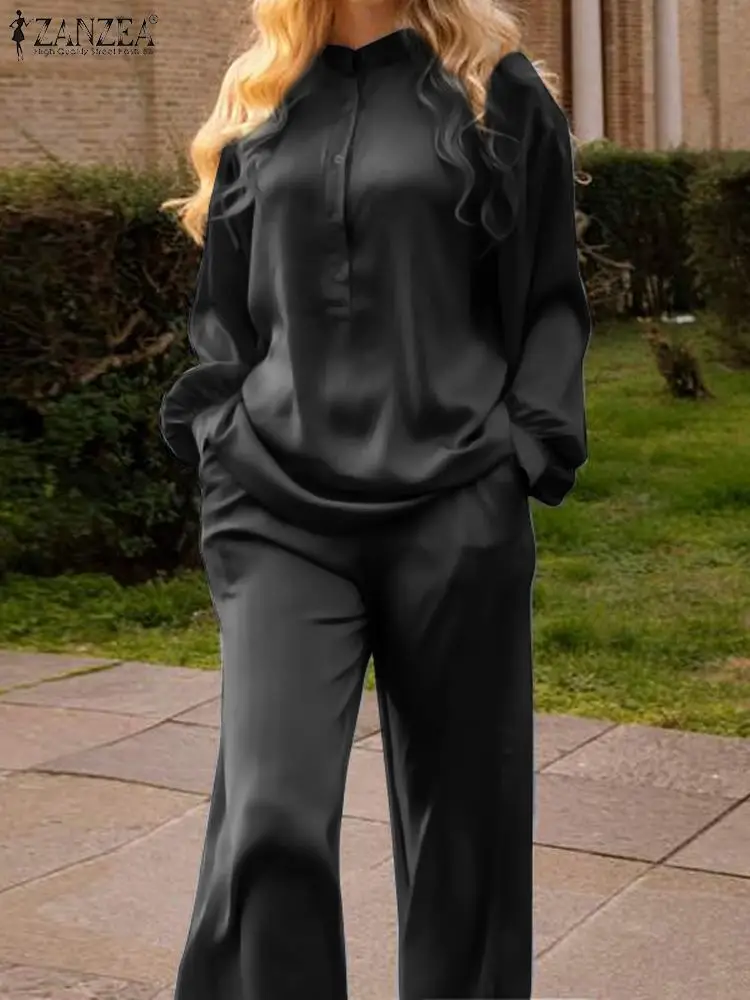 

Костюм ZANZEA Женский Повседневный из 2-х предметов, однотонный комплект из топа с длинным рукавом и брюк с широкими штанинами, праздничный костюм, осень 2023