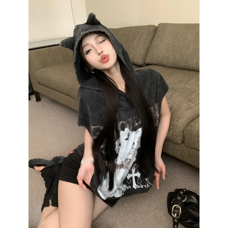 

Kitten Print Wash Loose Devil Hooded Sleeveless T-shirt Tank Top