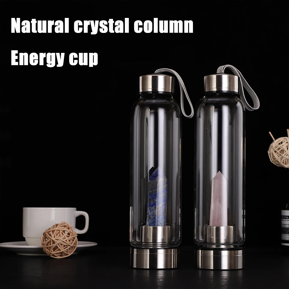 Botella de agua de cuarzo Natural, vaso para beber, Gema de cristal Natural, cristal pulido, varita de obelisco curativa con cuerda, novedad de 2022