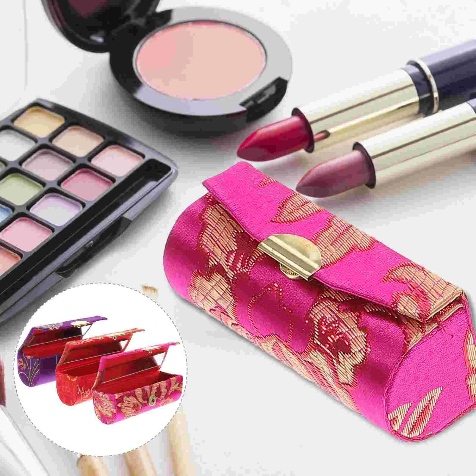 

Lipstick Case Holder Box Mirrorpurse Storage Makeup Flower Lip Bagsatin Floral Gift Ladies Chinese Vintage Organizer Gloss Silky
