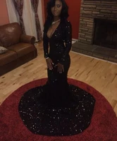 sparking beaded sequin long sleeve sweep train deep v neck black long prom dresses formal party evening gowns robe de soriee